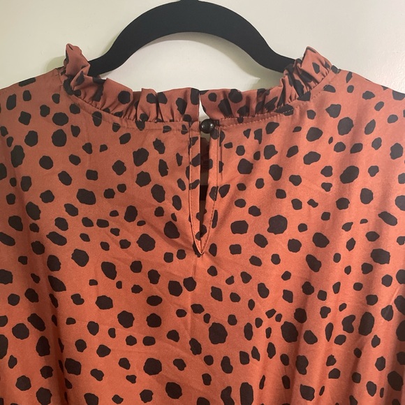 Brown Black Dalmatian Print Mock‎ Neck Long Sleeve Elastic Waist Mini Dress - Picture 6 of 6